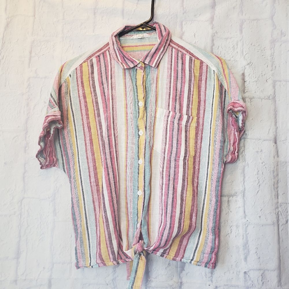 BEACHLUNCHLOUNGE Linen-Blend Striped Knot Front Button Down Shirt XS